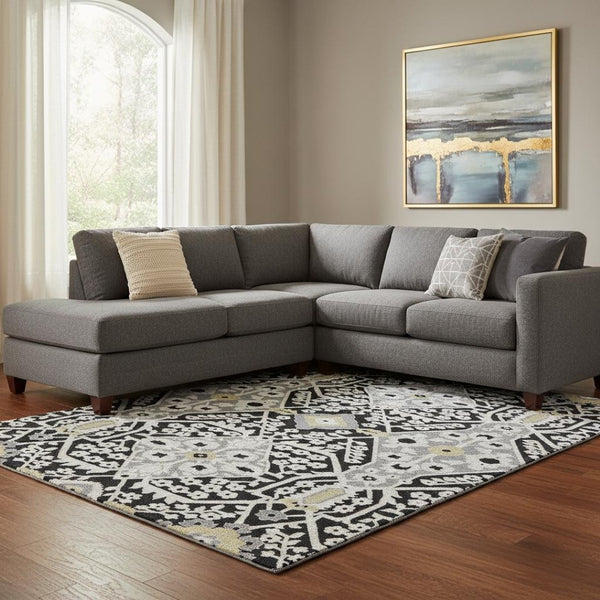 HomeRoots 9' X 12' Washable Floral Area Rug in Black, Gray & Gold - UV Protected, Durable for High-Traffic Areas 668488
