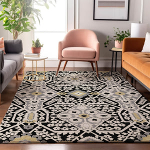 HomeRoots 9' X 12' Washable Floral Area Rug in Black, Gray & Gold - UV Protected, Durable for High-Traffic Areas 668488