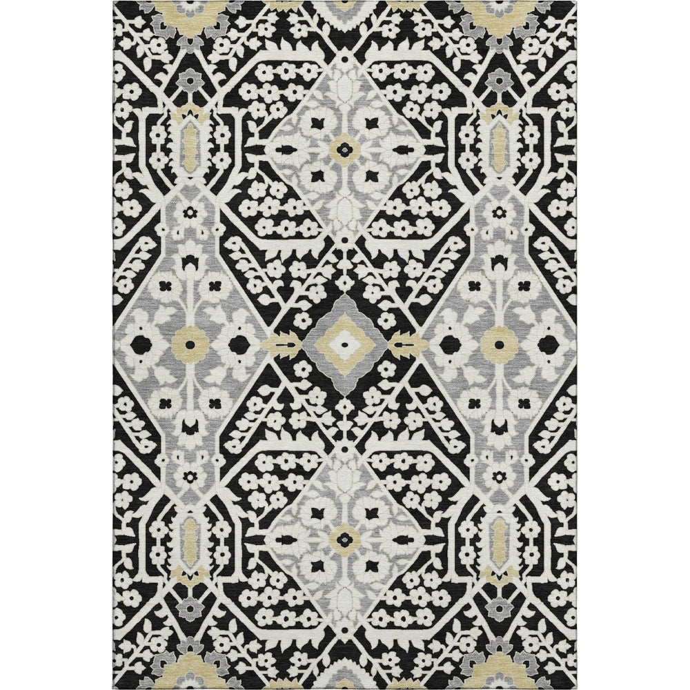 HomeRoots 9' X 12' Washable Floral Area Rug in Black, Gray & Gold - UV Protected, Durable for High-Traffic Areas 668488