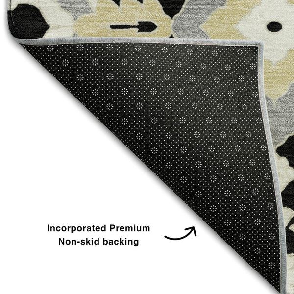 HomeRoots 9' X 12' Washable Floral Area Rug in Black, Gray & Gold - UV Protected, Durable for High-Traffic Areas 668488