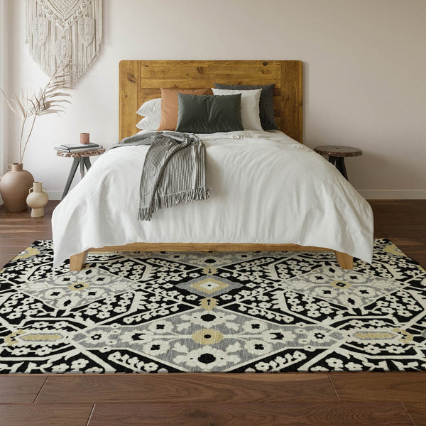HomeRoots 9' X 12' Washable Floral Area Rug in Black, Gray & Gold - UV Protected, Durable for High-Traffic Areas 668488