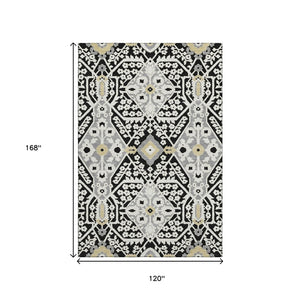 HomeRoots 10' X 14' Floral Area Rug in Black, Gray & Gold - Washable, UV Protected, Perfect for High-Traffic Areas 668489