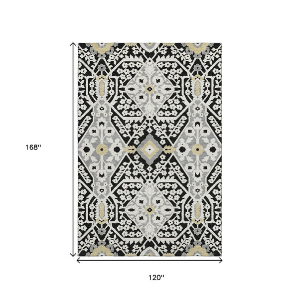 HomeRoots 10' X 14' Floral Area Rug in Black, Gray & Gold - Washable, UV Protected, Perfect for High-Traffic Areas 668489