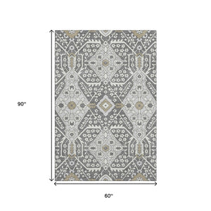 HomeRoots 5' X 8' Charcoal Ivory Gray Floral Area Rug – Washable, UV Protected, Ideal for Busy Homes 668491