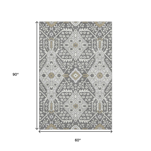 HomeRoots 5' X 8' Charcoal Ivory Gray Floral Area Rug – Washable, UV Protected, Ideal for Busy Homes 668491
