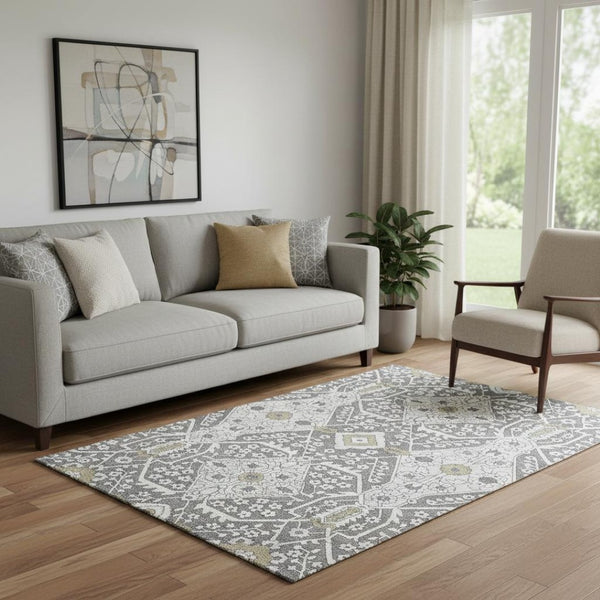 HomeRoots 5' X 8' Charcoal Ivory Gray Floral Area Rug – Washable, UV Protected, Ideal for Busy Homes 668491
