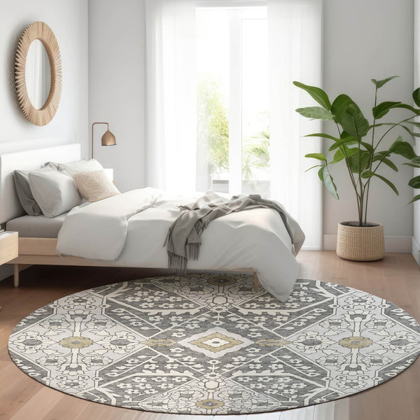 HomeRoots 8' Charcoal Ivory Gray Floral Washable Rug - Durable, UV-Protected, Stain-Resistant Design for Homes 668492