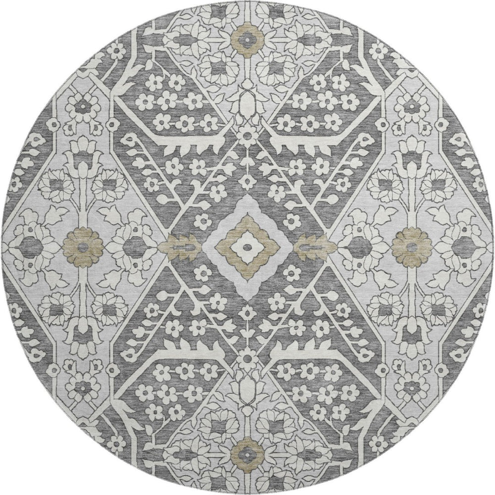 HomeRoots 8' Charcoal Ivory Gray Floral Washable Rug - Durable, UV-Protected, Stain-Resistant Design for Homes 668492