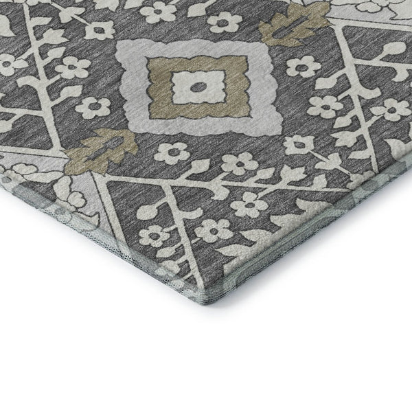 HomeRoots 8' Charcoal Ivory Gray Floral Washable Rug - Durable, UV-Protected, Stain-Resistant Design for Homes 668492