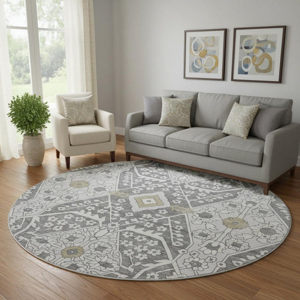 HomeRoots 8' Charcoal Ivory Gray Floral Washable Rug - Durable, UV-Protected, Stain-Resistant Design for Homes 668492