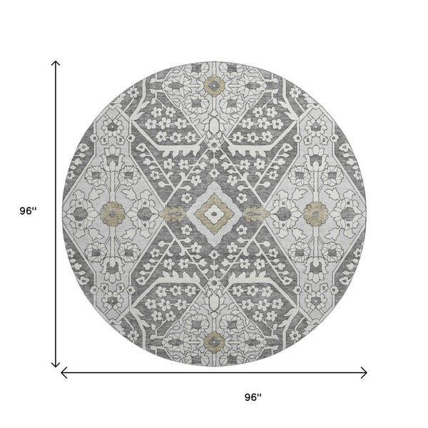 HomeRoots 8' Charcoal Ivory Gray Floral Washable Rug - Durable, UV-Protected, Stain-Resistant Design for Homes 668492