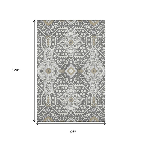 HomeRoots 8' X 10' Charcoal Ivory Gray Floral Washable Area Rug - Stain Resistant, UV Protected, Easy Care! 668493