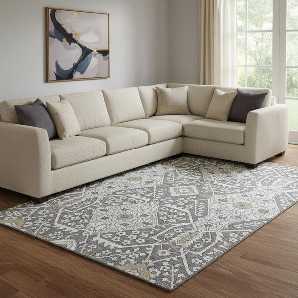 HomeRoots 8' X 10' Charcoal Ivory Gray Floral Washable Area Rug - Stain Resistant, UV Protected, Easy Care! 668493