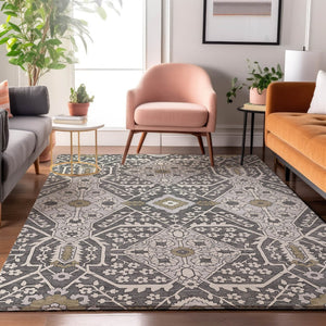 HomeRoots 8' X 10' Charcoal Ivory Gray Floral Washable Area Rug - Stain Resistant, UV Protected, Easy Care! 668493