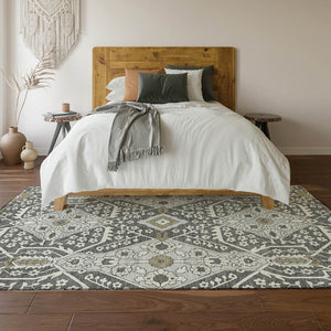 HomeRoots 8' X 10' Charcoal Ivory Gray Floral Washable Area Rug - Stain Resistant, UV Protected, Easy Care! 668493