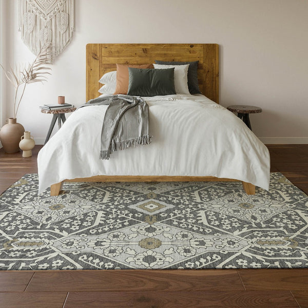 HomeRoots 8' X 10' Charcoal Ivory Gray Floral Washable Area Rug - Stain Resistant, UV Protected, Easy Care! 668493