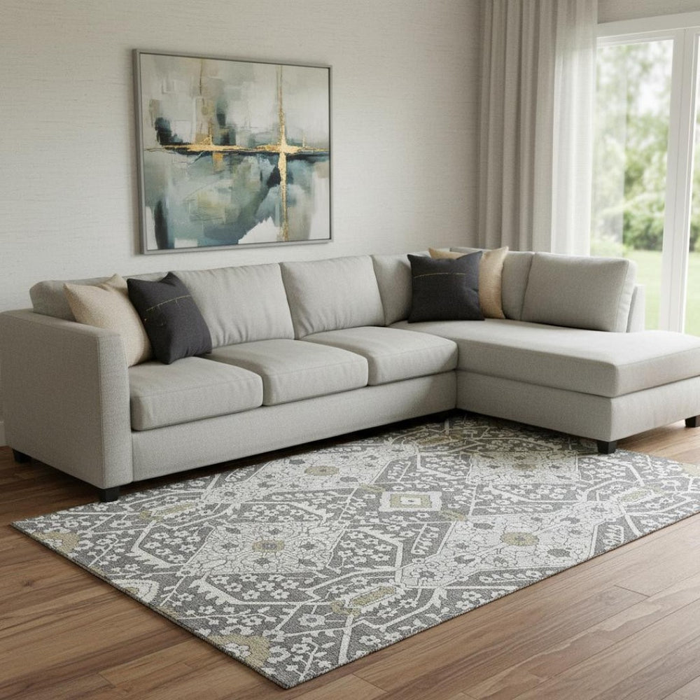 HomeRoots 9' X 12' Charcoal Ivory Floral Area Rug - Washable, UV Protected, Durable, and Perfect for Busy Homes 668494