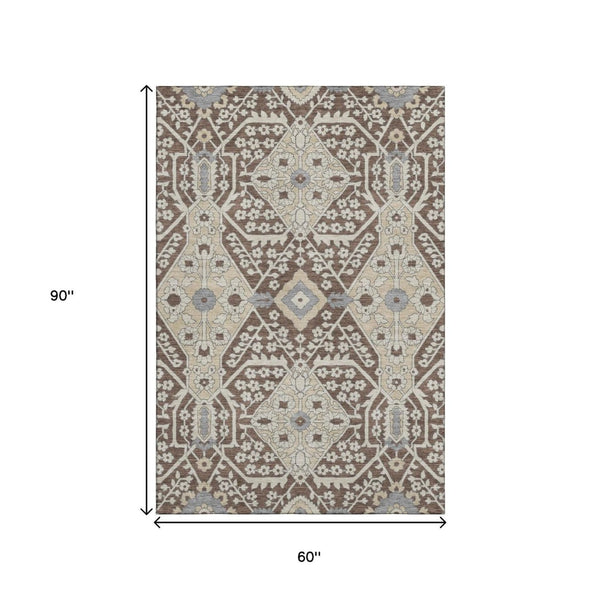 HomeRoots 5' X 8' Chocolate Gray and Beige Floral Washable Area Rug – Durable, Stain-Resistant, UV Protected Decor 668497