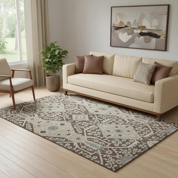 HomeRoots 5' X 8' Chocolate Gray and Beige Floral Washable Area Rug – Durable, Stain-Resistant, UV Protected Decor 668497