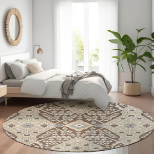 HomeRoots 8' Chocolate Gray & Beige Floral Washable Round Rug - UV Protected, Durable, Ideal for Any Space 668498