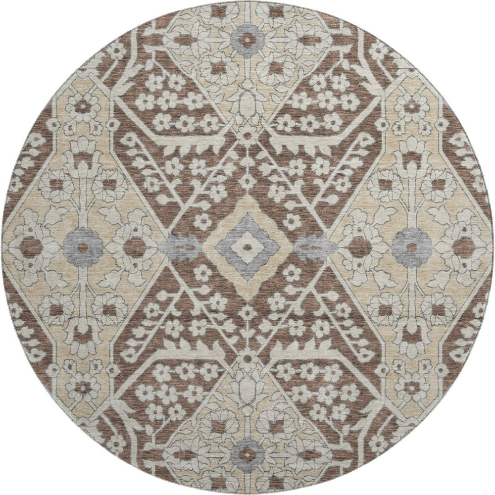 HomeRoots 8' Chocolate Gray & Beige Floral Washable Round Rug - UV Protected, Durable, Ideal for Any Space 668498