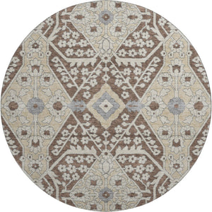 HomeRoots 8' Chocolate Gray & Beige Floral Washable Round Rug - UV Protected, Durable, Ideal for Any Space 668498