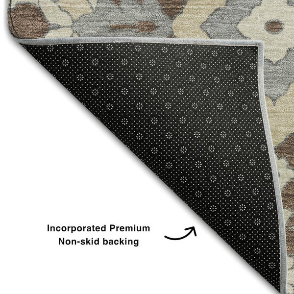 HomeRoots 8' Chocolate Gray & Beige Floral Washable Round Rug - UV Protected, Durable, Ideal for Any Space 668498