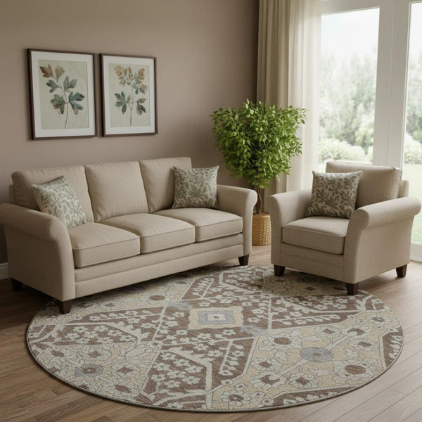 HomeRoots 8' Chocolate Gray & Beige Floral Washable Round Rug - UV Protected, Durable, Ideal for Any Space 668498