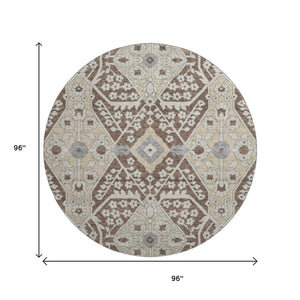 HomeRoots 8' Chocolate Gray & Beige Floral Washable Round Rug - UV Protected, Durable, Ideal for Any Space 668498