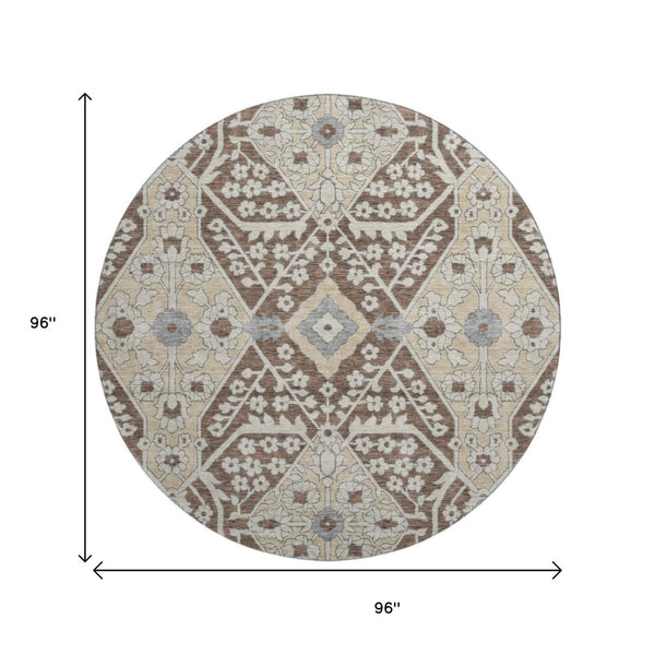 HomeRoots 8' Chocolate Gray & Beige Floral Washable Round Rug - UV Protected, Durable, Ideal for Any Space 668498