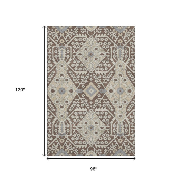 HomeRoots 8' X 10' Chocolate Gray Floral Area Rug - Washable, Stain-Resistant, UV Protected for Modern Living 668499