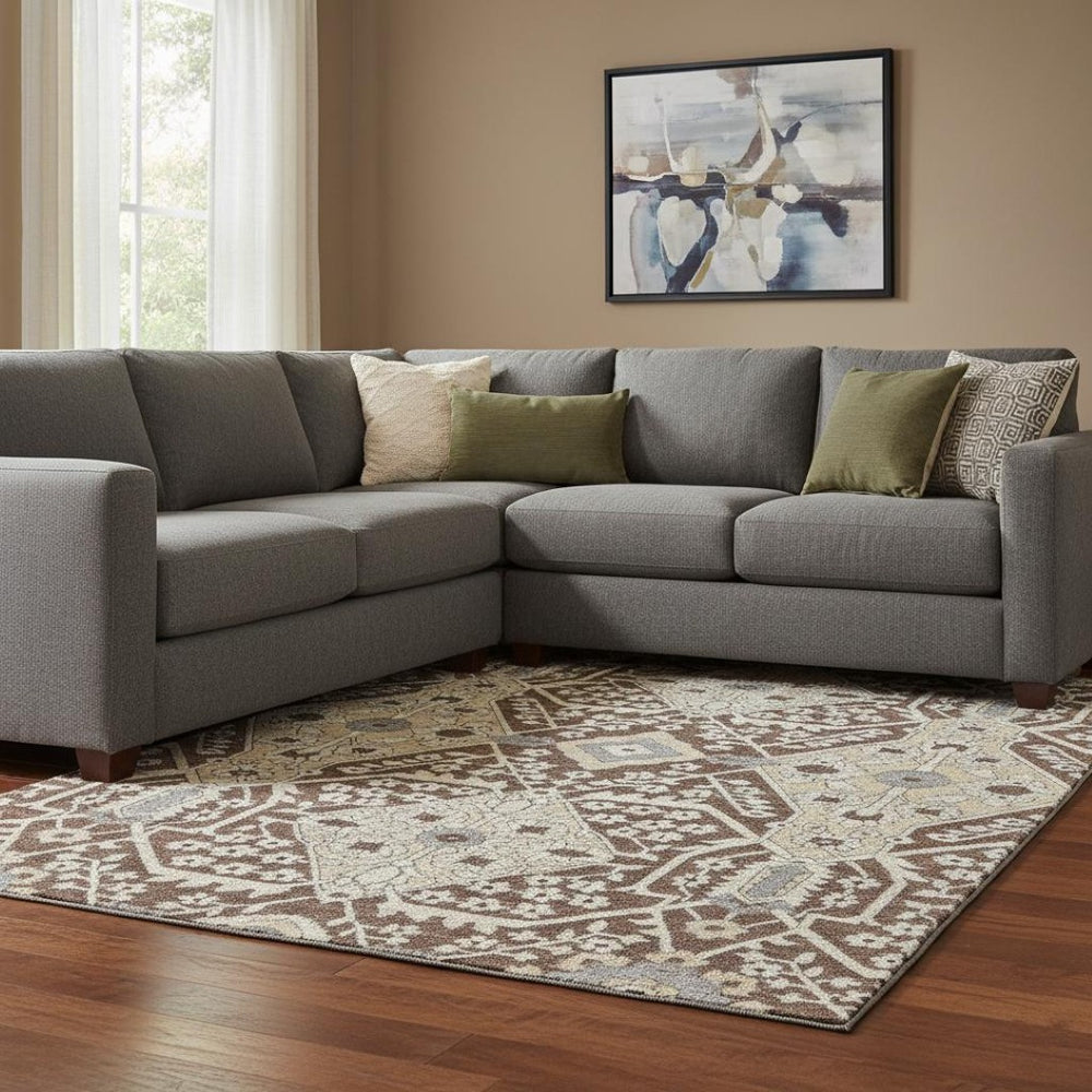 HomeRoots 8' X 10' Chocolate Gray Floral Area Rug - Washable, Stain-Resistant, UV Protected for Modern Living 668499