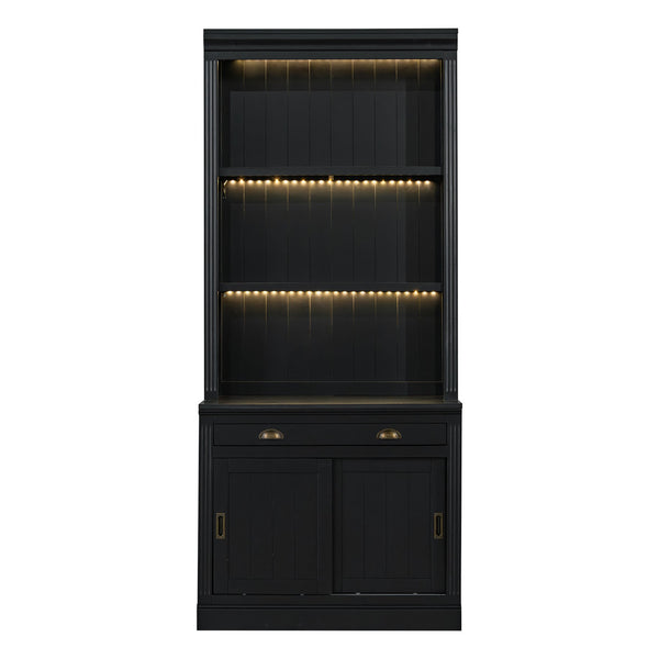 English Elm 83.4"Tall Modern Bookshelf With Led Lighting, Sliding Doors & Open Shelves For Stylish Storage Solutions N751S280596B