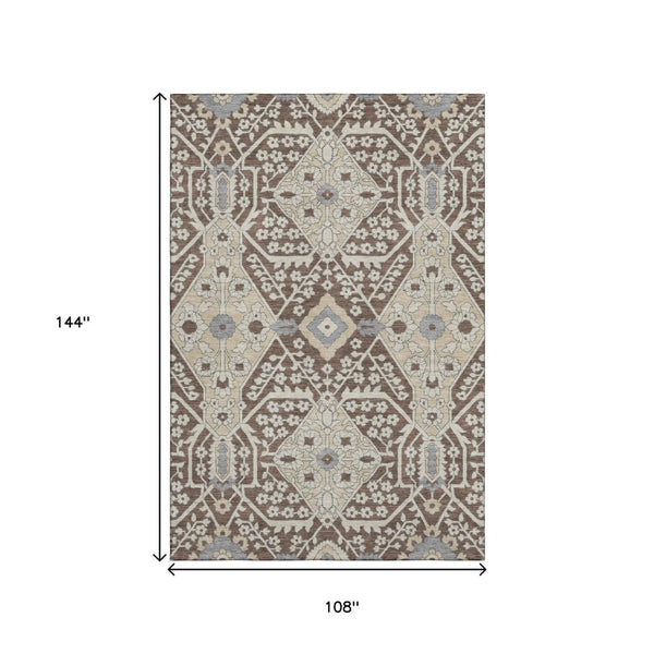 HomeRoots 9' X 12' Floral Area Rug in Chocolate Gray & Beige - Washable with UV Protection, Stain Resistant 668500