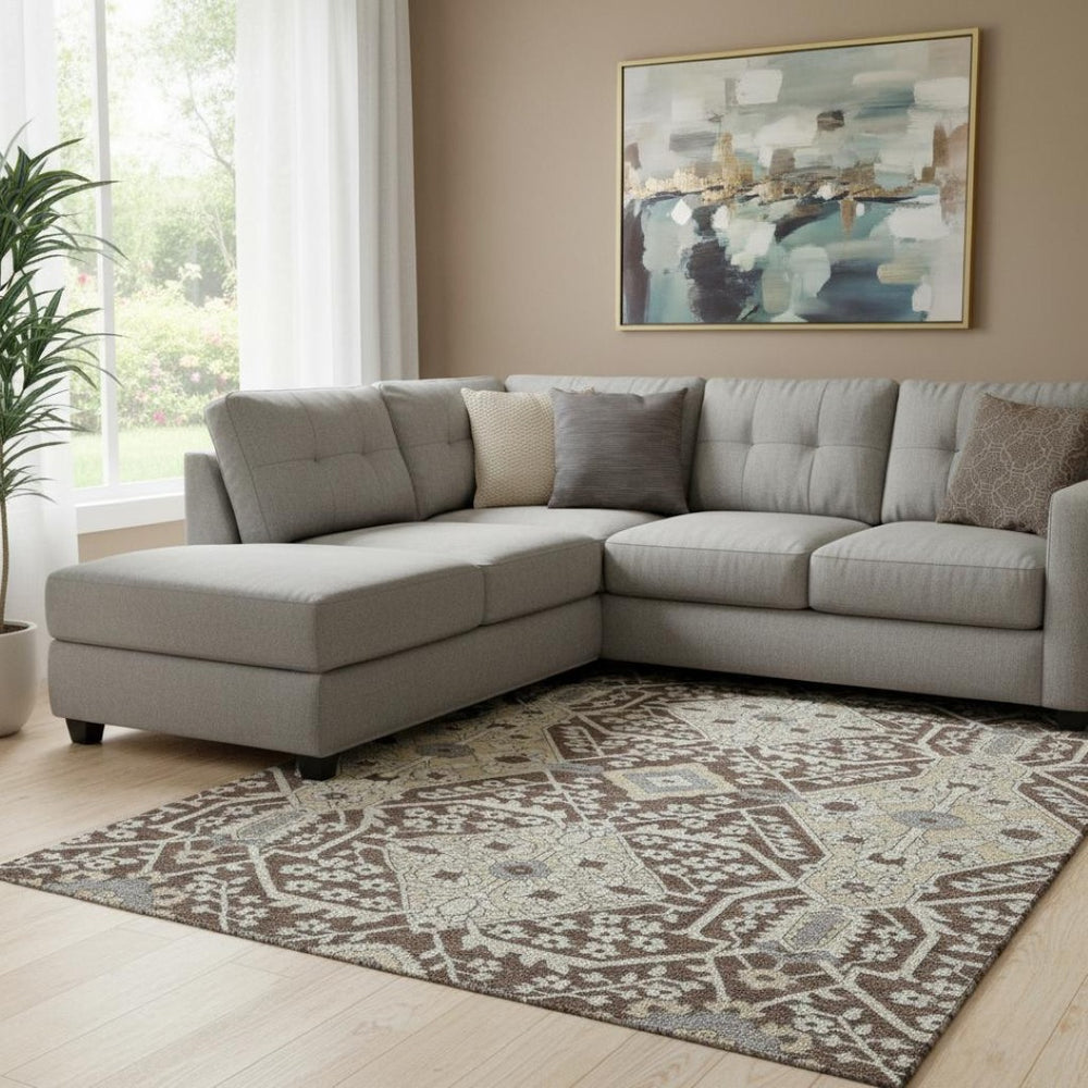 HomeRoots 9' X 12' Floral Area Rug in Chocolate Gray & Beige - Washable with UV Protection, Stain Resistant 668500