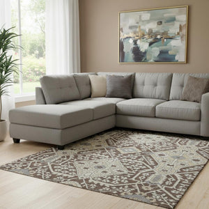 HomeRoots 9' X 12' Floral Area Rug in Chocolate Gray & Beige - Washable with UV Protection, Stain Resistant 668500