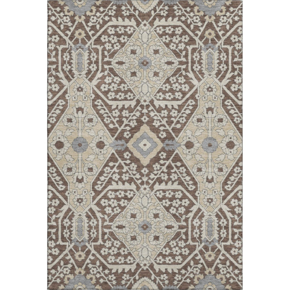 HomeRoots 9' X 12' Floral Area Rug in Chocolate Gray & Beige - Washable with UV Protection, Stain Resistant 668500
