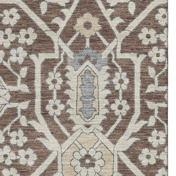 HomeRoots 9' X 12' Floral Area Rug in Chocolate Gray & Beige - Washable with UV Protection, Stain Resistant 668500
