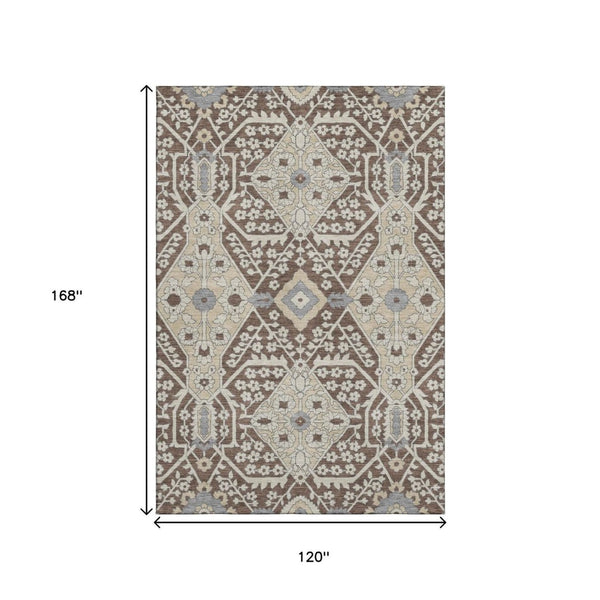 HomeRoots 10' X 14' Floral Washable Area Rug in Chocolate Gray & Beige - Durable, UV-Protected, Easy Care! 668501