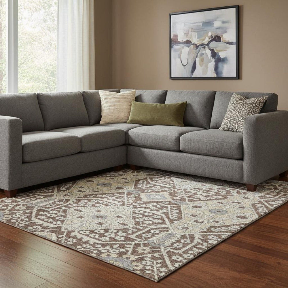 HomeRoots 10' X 14' Floral Washable Area Rug in Chocolate Gray & Beige - Durable, UV-Protected, Easy Care! 668501