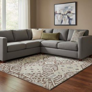 HomeRoots 10' X 14' Floral Washable Area Rug in Chocolate Gray & Beige - Durable, UV-Protected, Easy Care! 668501