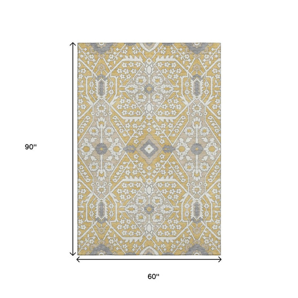 HomeRoots 5' X 8' Floral Washable Area Rug in Gold, Gray & Ivory - Durable, Stain-Resistant & UV Protected! 668503