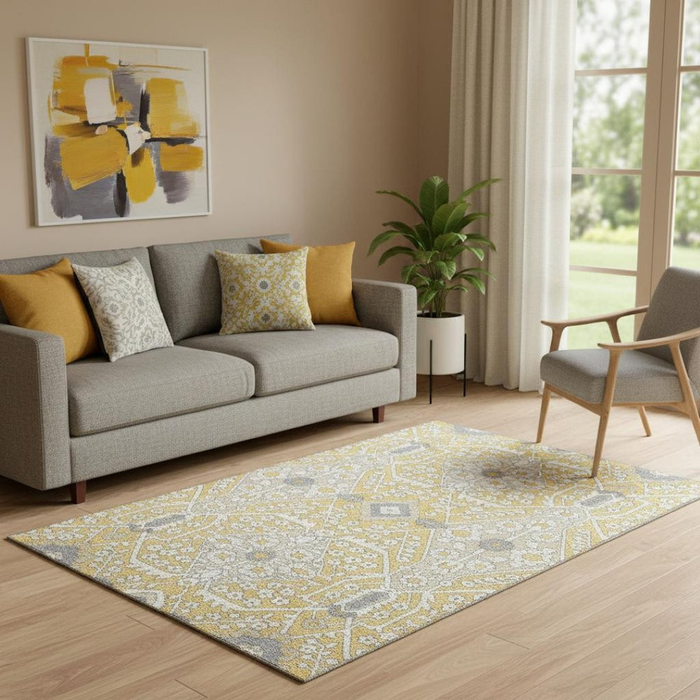 HomeRoots 5' X 8' Floral Washable Area Rug in Gold, Gray & Ivory - Durable, Stain-Resistant & UV Protected! 668503
