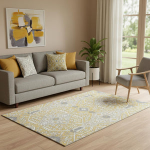 HomeRoots 5' X 8' Floral Washable Area Rug in Gold, Gray & Ivory - Durable, Stain-Resistant & UV Protected! 668503