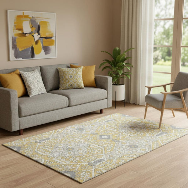 HomeRoots 5' X 8' Floral Washable Area Rug in Gold, Gray & Ivory - Durable, Stain-Resistant & UV Protected! 668503