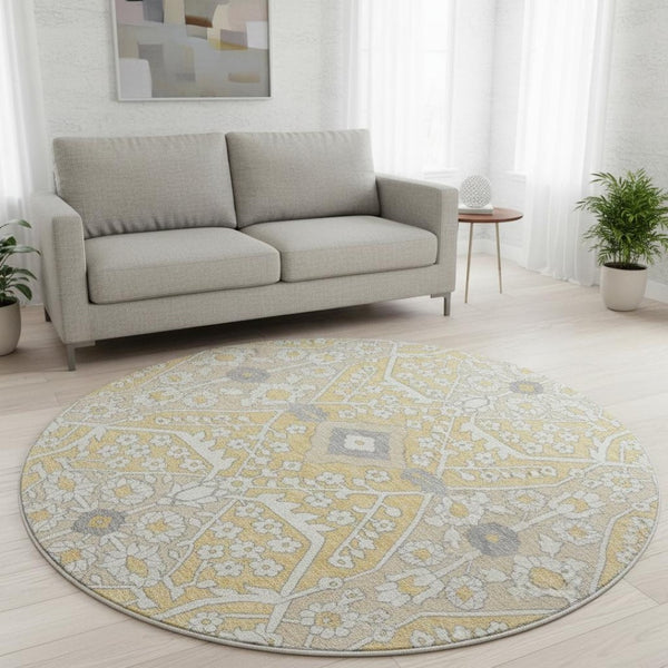 HomeRoots 8' Gold Gray Ivory Floral Round Rug - Washable, UV Protected, Durable Design for High-Traffic Areas 668504