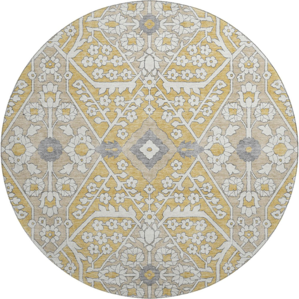 HomeRoots 8' Gold Gray Ivory Floral Round Rug - Washable, UV Protected, Durable Design for High-Traffic Areas 668504
