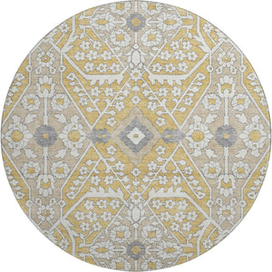 HomeRoots 8' Gold Gray Ivory Floral Round Rug - Washable, UV Protected, Durable Design for High-Traffic Areas 668504