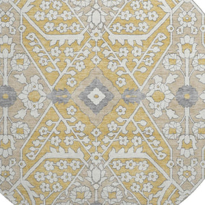 HomeRoots 8' Gold Gray Ivory Floral Round Rug - Washable, UV Protected, Durable Design for High-Traffic Areas 668504