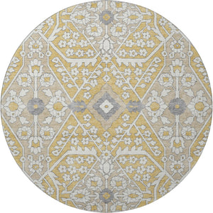 HomeRoots 8' Gold Gray Ivory Floral Round Rug - Washable, UV Protected, Durable Design for High-Traffic Areas 668504